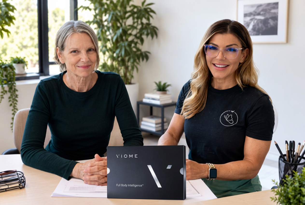 Determined4Life team member reviewing a personalized microbiome test kit with a client