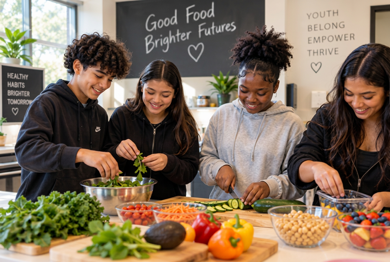 Teens preparing fresh produce together in the Determined4Life teaching kitchen