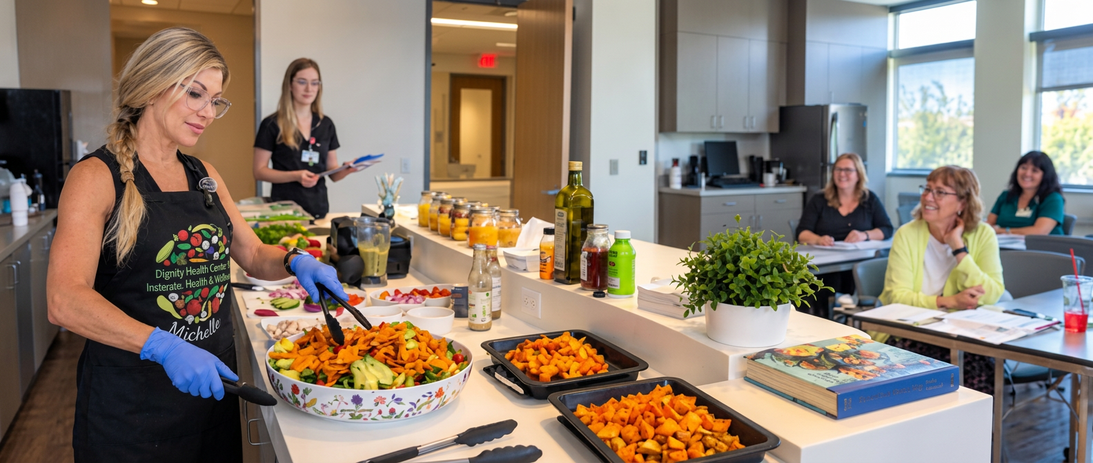 Chef preparing fresh salads during a Determined4Life teaching kitchen event